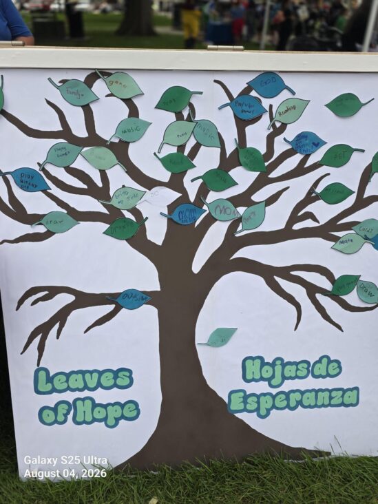 The Well's Leaves of Hope tree filled with messages from community members